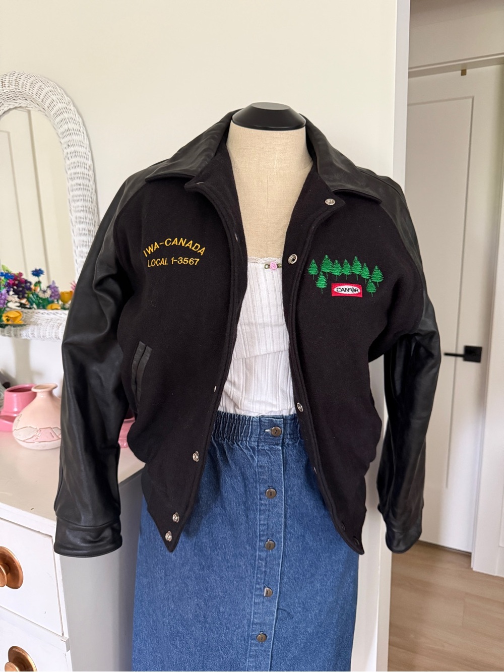 Black Leather Sleeve Varsity Jacket with Tree Patch